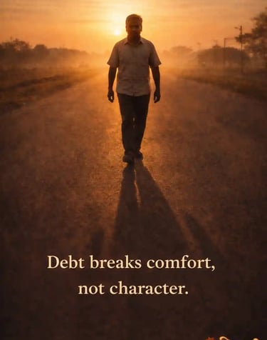 Indian man walking toward the rising sun on an open road, hopeful mood, symbol of resilience and character.