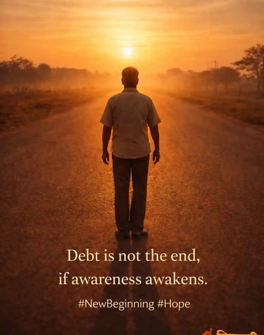 Indian man standing at dawn facing the rising sun, open road ahead, calm hope and spiritual renewal.