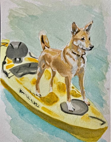 original watercolor painting pet portrait custom dog on yellow kayak
