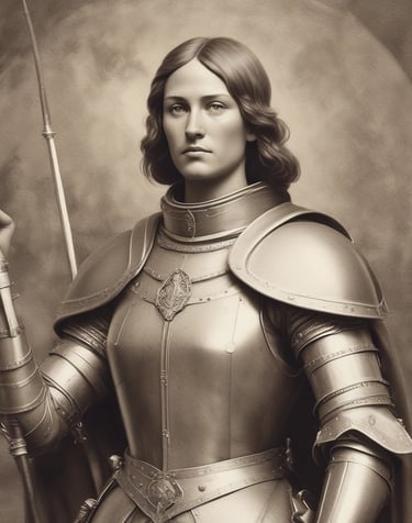 Joan of arc in armor holding sword with patriotic text