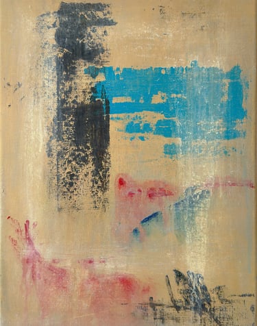 Black, azure, red marks on ochre background artwork