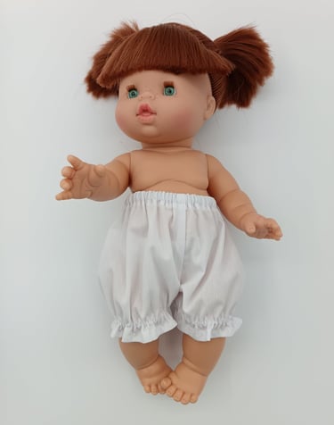 Minikane doll wearing handmade bloomers