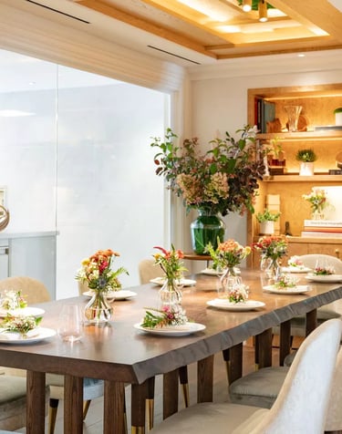 Elegant private dining room with floral decor, offering an intimate luxury dining experience.
