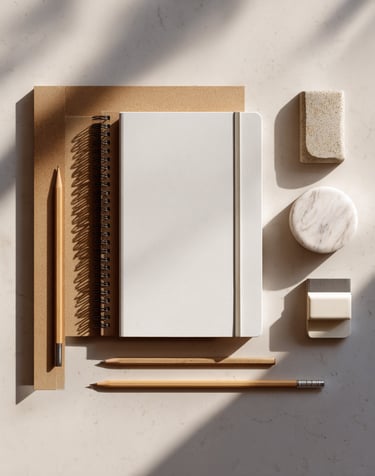 Clean flat lay of minimalist stationery including notebook pencil and eraser arranged symmetrically 