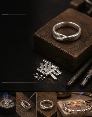 Handmade 999 fine silver twist ring on a jeweler's workbench with crafting tools and raw metal.