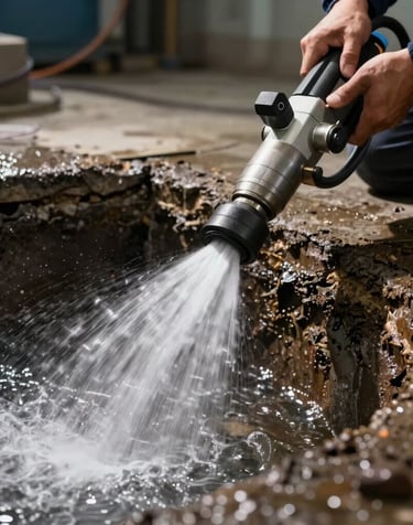 Close-up of a professional technician operating a high-pressure water jetting machine, intense water spray clearing a heavy drain blockage, dramatic industrial lighting, high contrast.