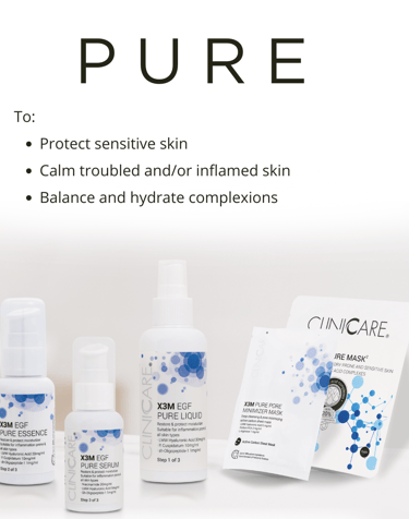 CLINICARE X3M EGF Pure skincare range for sensitive skin including essence, serum, liquid, and sheet masks.