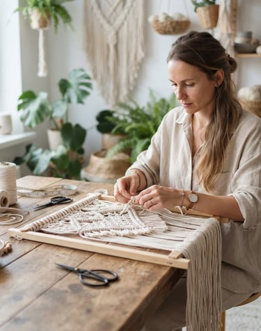 Wide panoramic 21:9 frame of female artisan's hands carefully weaving macrame at a wooden table, bright soft natural daylight, shallow depth of field, warm inviting atmosphere.
