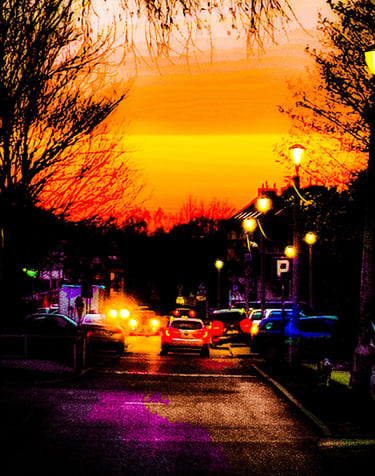 Sunset and vibrant city lights.