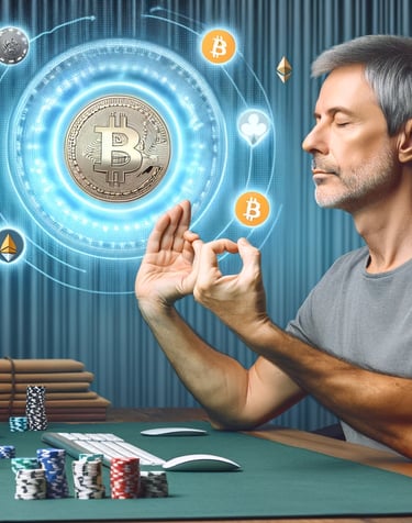 Middle-aged man practicing mindfulness while playing poker online, calm and focused.