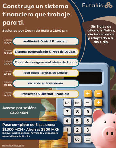 Infographic for Eutakia financial education workshop on Zoom covering investment, taxes, and debt management.