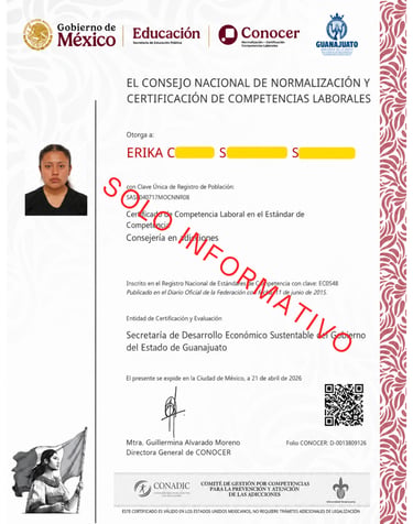 Official Mexican labor competency certificate from CONOCER and SEP for addiction counseling, featuring a government seal and