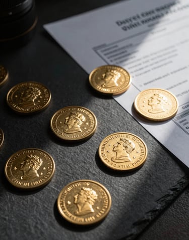 A formal, close-up study of physical trade finance documents with official gold-embossed sovereign seals on a dark slate surface, dramatic low-key lighting casting sharp shadows, highly structured architectural composition.