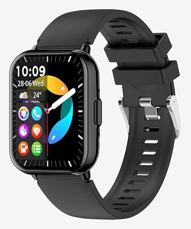 Black waterproof smartwatch with a silicone strap and fitness tracking display showing apps and health data.