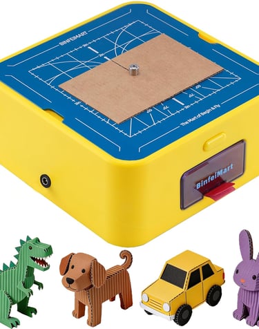 Yellow electric hot wire foam cutter and cardboard slicer tool with DIY paper craft figures.