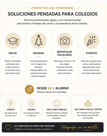 Servicios de fotografía escolar para colegios incluyendo orlas, eventos y reportajes fotográficos profesionales.