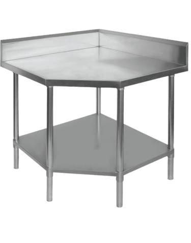 Space-saving corner prep table made from heavy duty stainless steel with a rear splashback and solid under shelf.