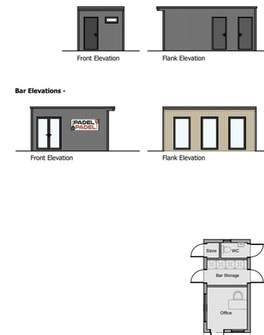 floor plans showing elevations of bar and office buildings at the padel club
