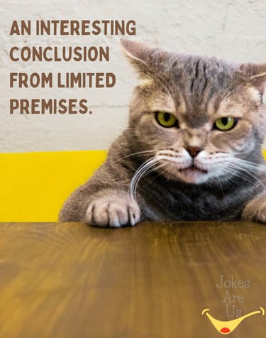 A cat sits on a table beside a text that reads, "An interesting conclusion from limited premises."