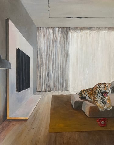 a painting of a tiger in a living room
