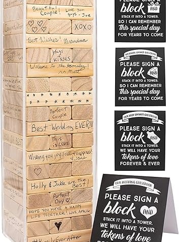 a tower game of wooden blocks with a sign that says please please