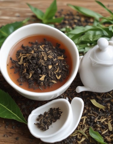 A steaming cup of freshly brewed tea beside a rustic wooden box filled with handpicked tea leaves.