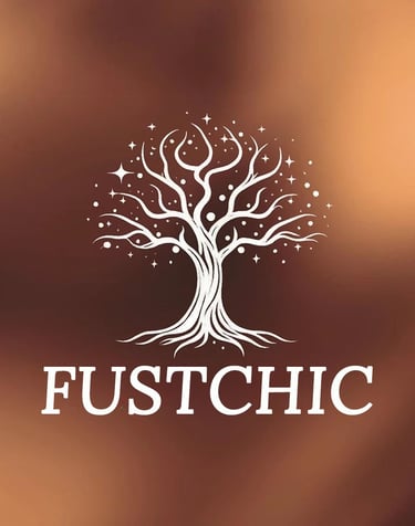 Elegant white mystical tree of life logo with stars above FUSTCHIC text on a brown background.