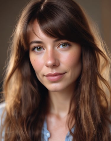 Photograph of a girl in her thirties with long hair.