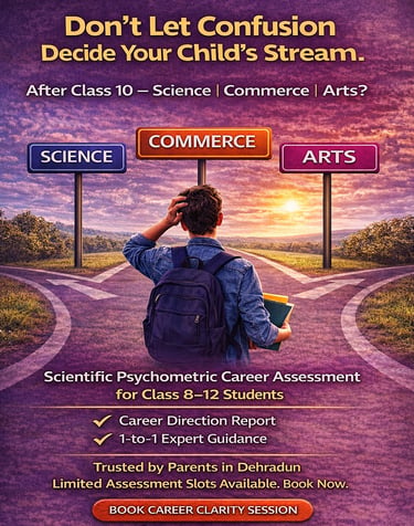 Image showing 3 paths to student after class 10th Science Commerce Arts stream, student is confused