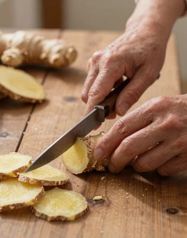 A woman over 40 enjoying a calm moment in her kitchen with CitrusBurn bottle and a cup of tea nearby.