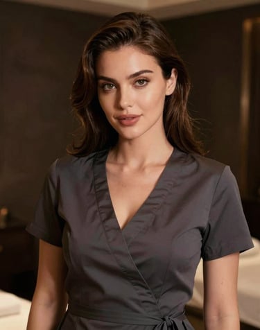 A serene massage room with dim lighting and elegant dark tones.