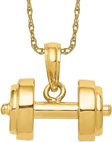 14K Yellow Gold Single Barbell Necklace Weightlifting Charm Sports Pendant