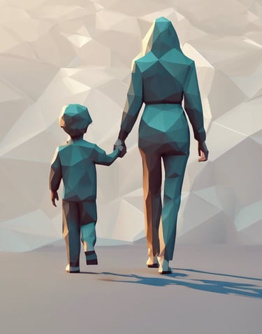 Eine Mutter und ihr Kind laufen und halten die Hände. Sie sind nur von hinten zu sehen