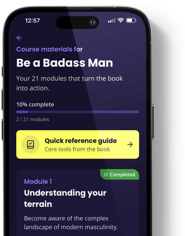 Badass Man Action App quick reference guide screen with learning modules