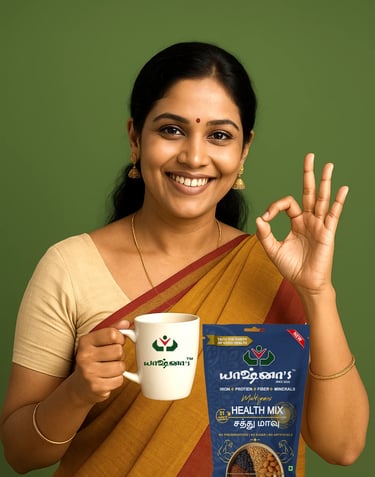 a south indian woman expressing the better taste of yashnas health mix