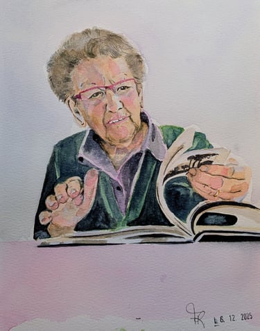 Oma portret voor verjaardag of herinnering met zachtheid overgebracht naar het aquarel portret. 