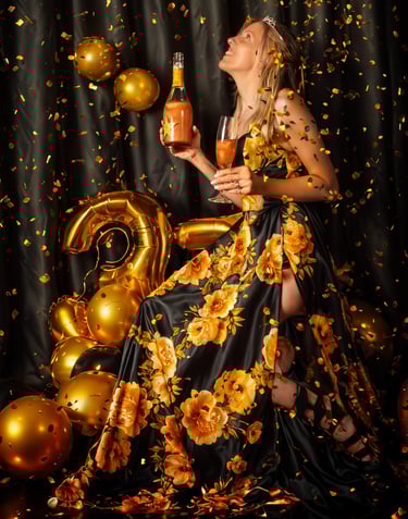 a woman in a dress with a champagne glass