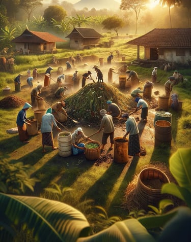 Suasana Petani sedang gotong royong mengolah pupuk
