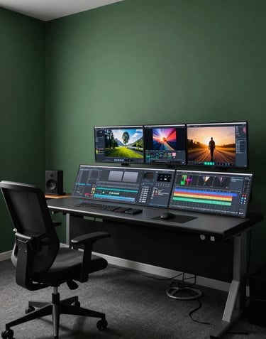 A wide-angle, professional photograph of a contemporary video editing suite. The room is styled in Midnight Green with ergonomic furniture and dual monitors displaying vibrant, cutting-edge creative projects.