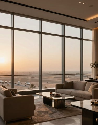 A wide-angle, editorial shot of a luxury lounge in a Dubai penthouse. Floor-to-ceiling windows showing a hazy desert horizon at sunset. Warm lighting.