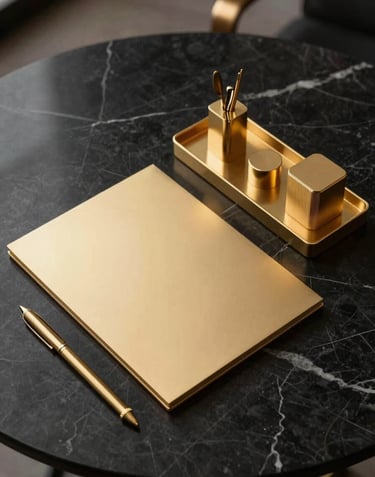Minimalist top-down photography of a gold-detailed stationery set on a black marble table in a luxury office.