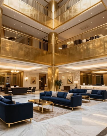 A wide photography shot of a luxury hotel lobby in Dubai featuring gold architectural elements, white marble floors, and sophisticated navy blue furniture. Middle Eastern / Gulf luxury style.