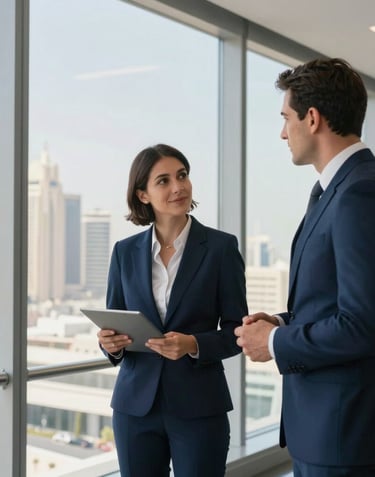 Two professionals in corporate navy blue attire discussing business in a high-rise office with glass windows overlooking a Middle Eastern / Gulf cityscape. The lighting is bright and prestigious.