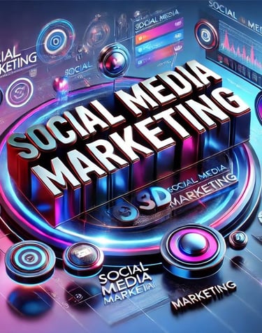 3D social media marketing illustration with analytics elements.