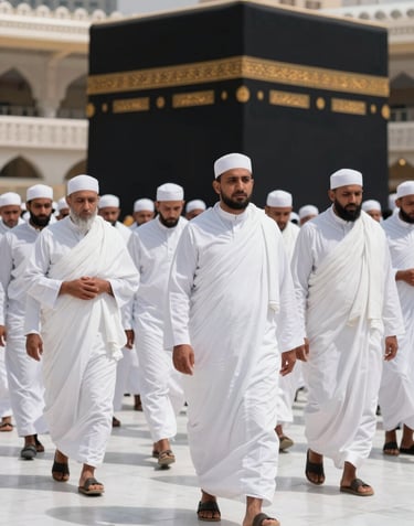 A photography of a group of International / Global Muslim pilgrims walking together in unity near the Kaaba, dressed in white Ihram. The composition emphasizes dignity and spiritual aspiration, with soft focus on the marble architecture.