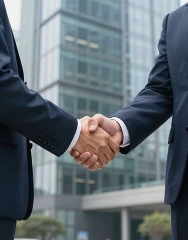 A symbolic photograph of a firm handshake between two business partners, one in a professional suit and another in smart-casual attire, set against a blurred background of a modern glass office building.