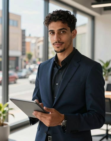 A professional portrait of a young Algerian entrepreneur in a modern office space, using a tablet. The background shows a vibrant, sunlit city street through large windows. Sharp focus, professional depth of field.