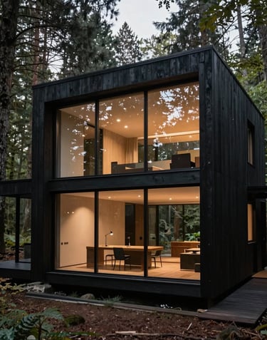 A wide shot of a modernist house nestled in a dark forest. Large floor-to-ceiling glass windows show a warm, minimalist interior. The exterior is charred black wood and glass. Professional architectural photography style, North American / International location.