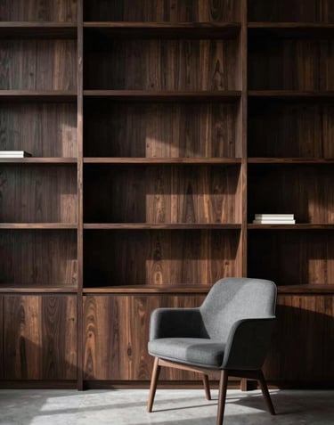 A vertical photograph of a tall, dark wood paneled library wall with minimalist shelving. A single designer chair in muted grey sits in front. Soft lighting casting long architectural shadows. North American / International interior design.