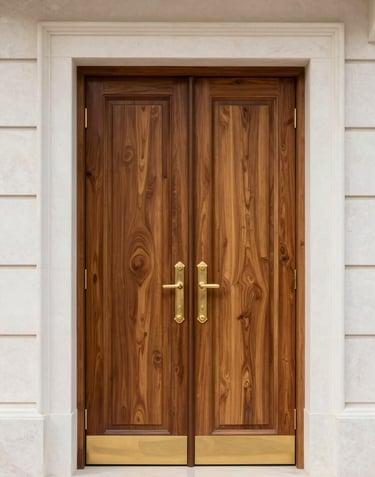 Close-up of a luxury property entrance in Brazil with a massive pivot wood door and gold hardware, set against a clean off-white stone wall.